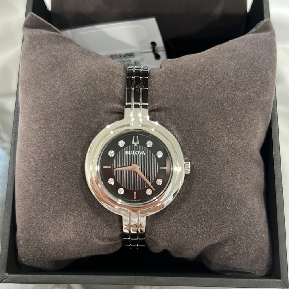 Bulova Rhapsody black dial watch, with 8 diamonds! New!